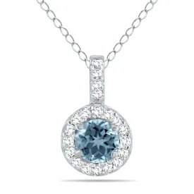 1/2 Carat Tw Halo Aquamarine And Diamond Pendant In 10K White Gold