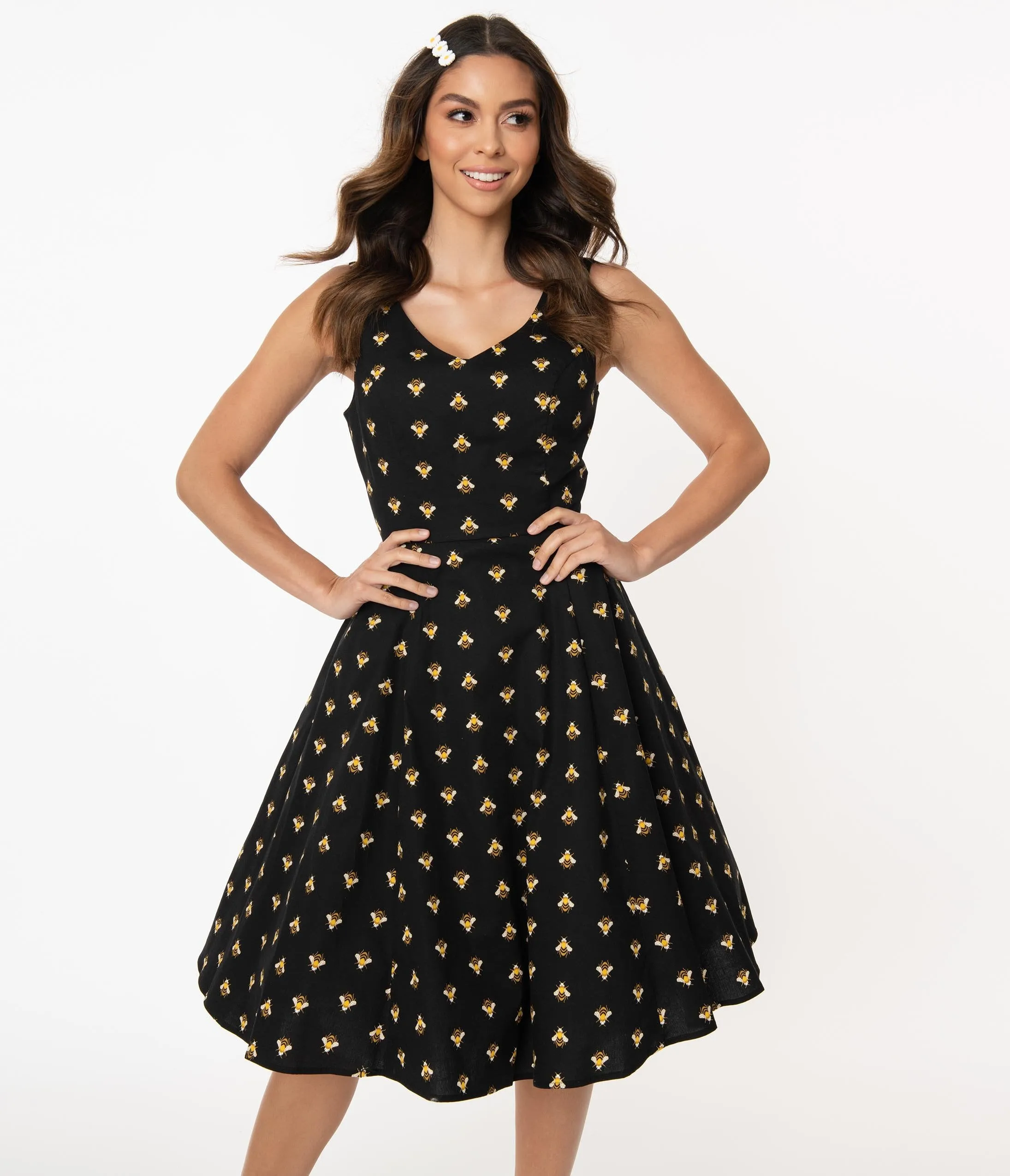 1950s Style Black & Yellow Bee Print Swing Dress