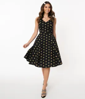 1950s Style Black & Yellow Bee Print Swing Dress