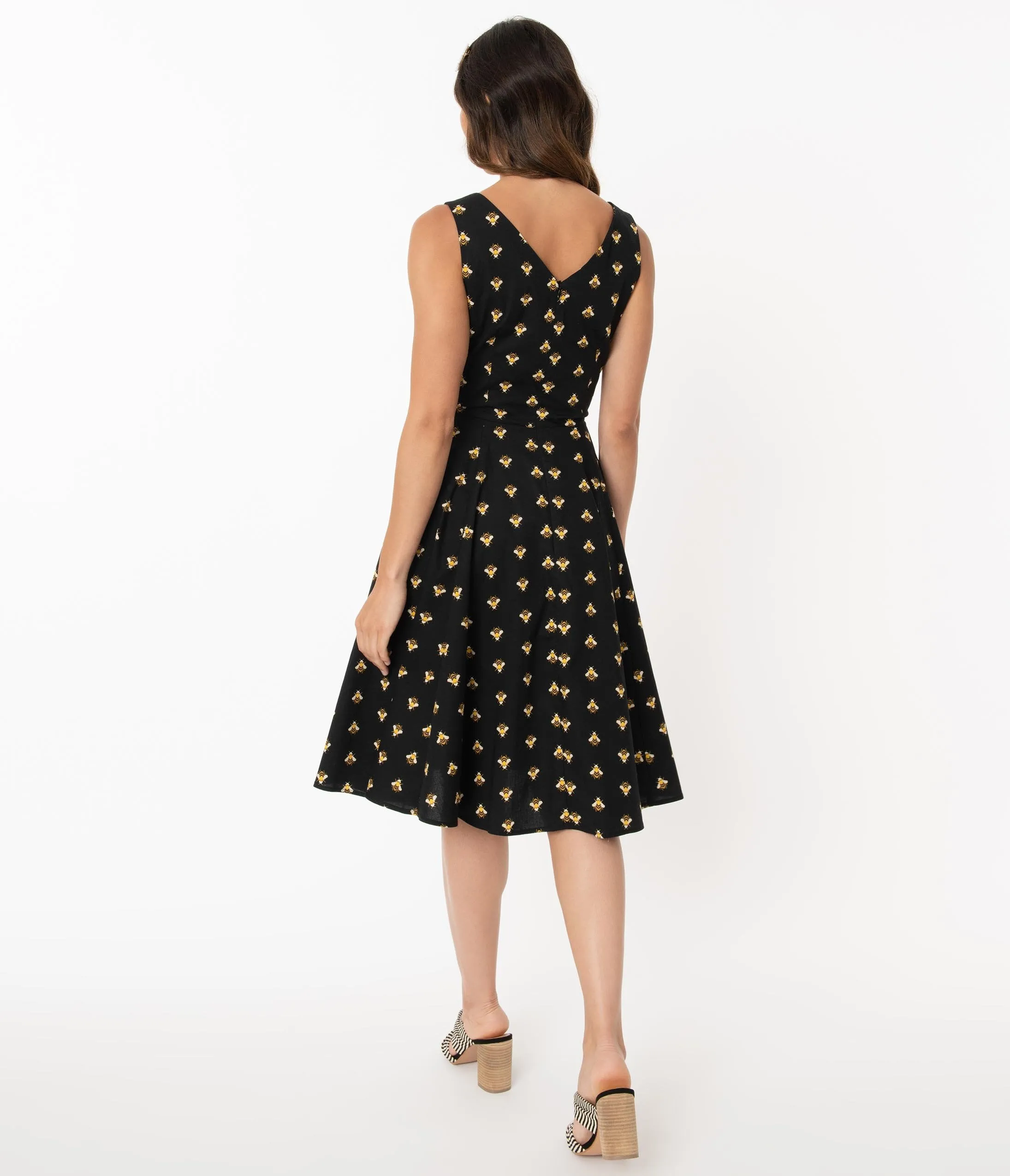 1950s Style Black & Yellow Bee Print Swing Dress