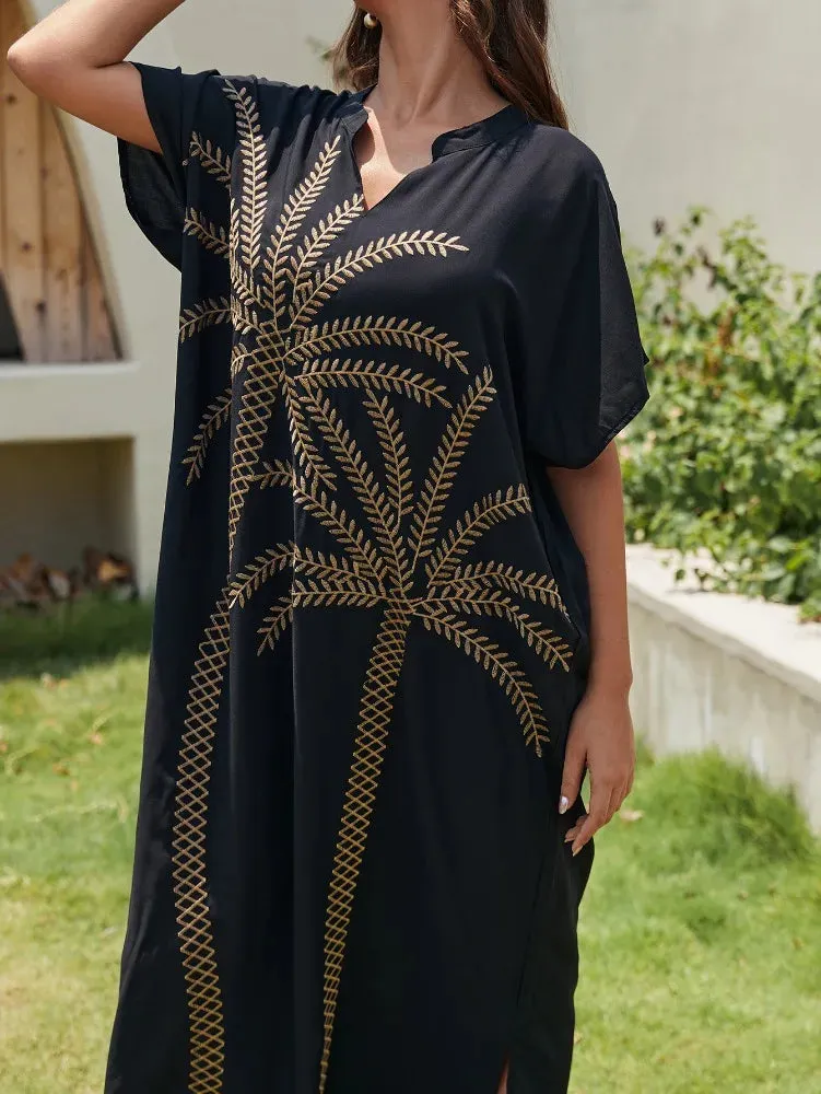 2024 Elegant Black Leaf Embroidered Short Sleeve Maxi Dress