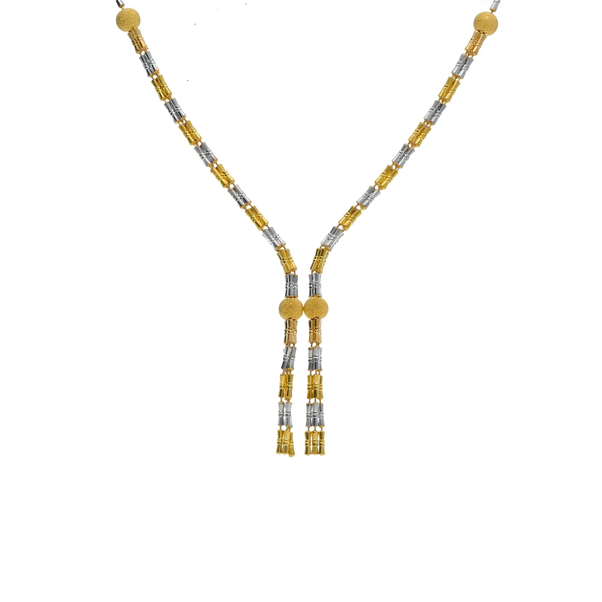 22K Multi Tone Gold Lariat Necklace & Earrings Set W/ Cinched Tube Beads