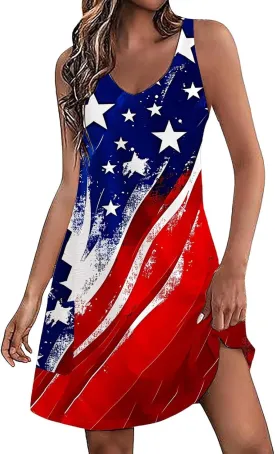 4th of July Women's Casual Loose Sleeveless Tank Dress Beach Sundress Travel Vacation American Flag Summer Dresses
