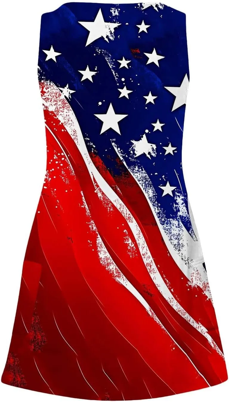 4th of July Women's Casual Loose Sleeveless Tank Dress Beach Sundress Travel Vacation American Flag Summer Dresses
