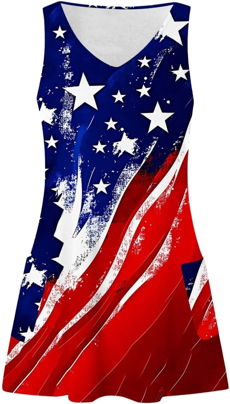 4th of July Women's Casual Loose Sleeveless Tank Dress Beach Sundress Travel Vacation American Flag Summer Dresses