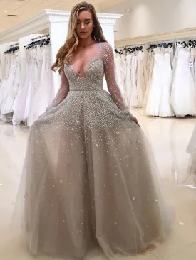 A-line Grey Tulle with Beaded Deep V-neck Sexy Prom Dresses with Sleeves APD2759
