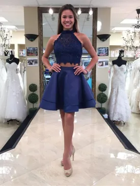 A-line Halter Mini Satin Short Royal Blue Homecoming Dresses With Beading APD2738