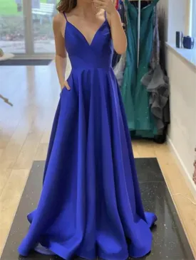 A Line V Neck Open Back Blue Long Prom Dresses, Royal Blue Formal Graduation Evening Dresses