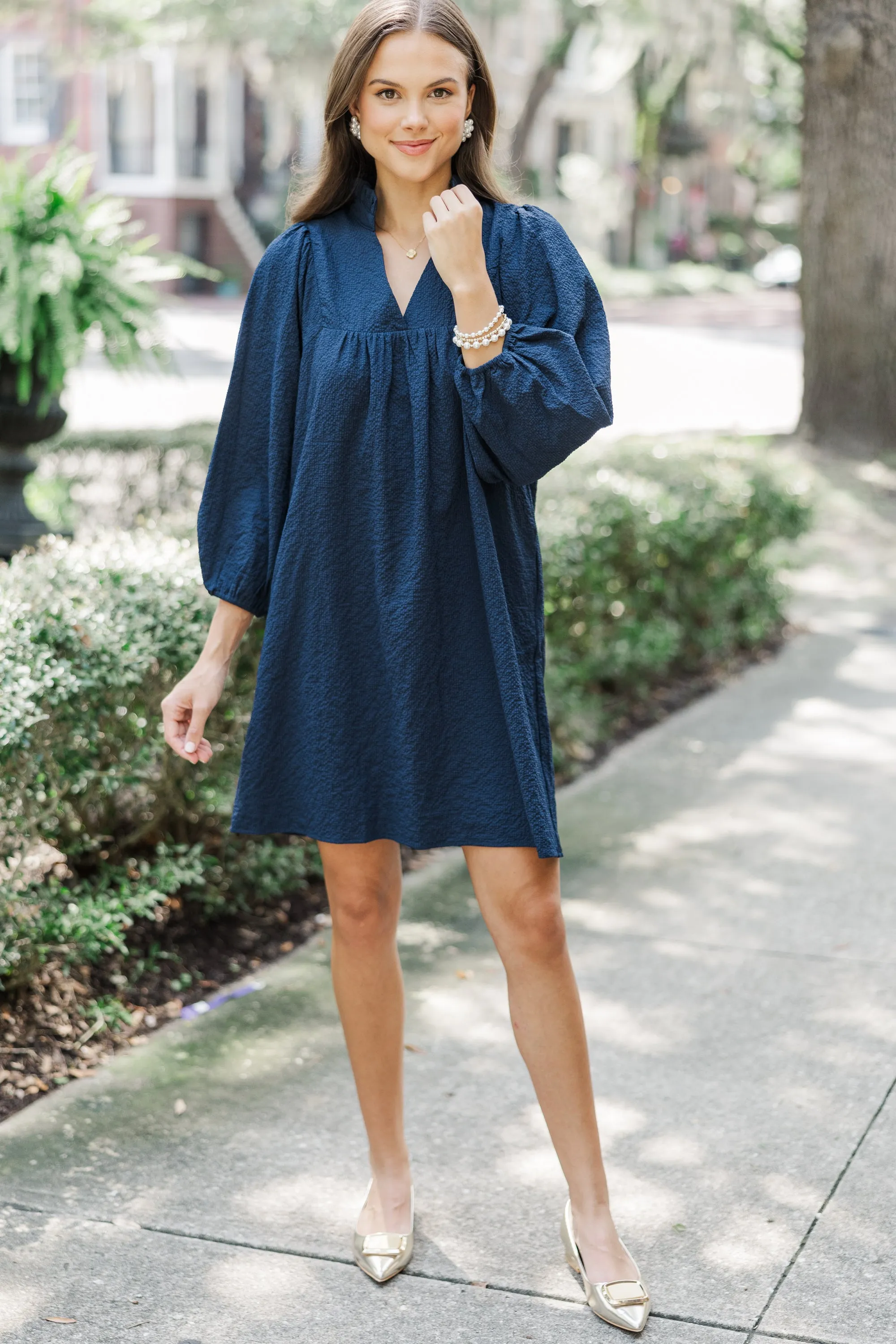Above And Beyond Navy Blue Textured Shift Dress
