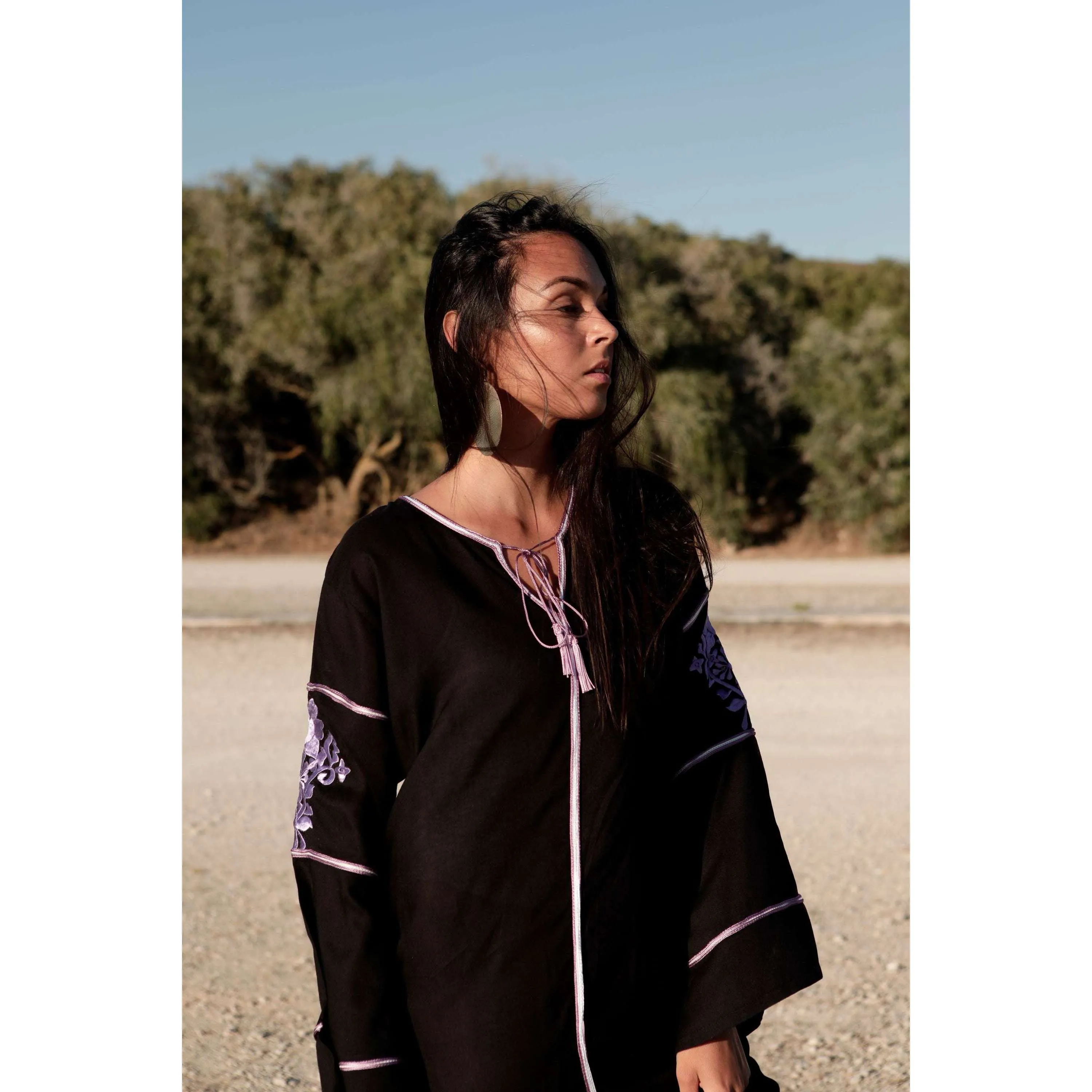 Adriana Black Moroccan Cotton Embroidery Kaftan Caftan