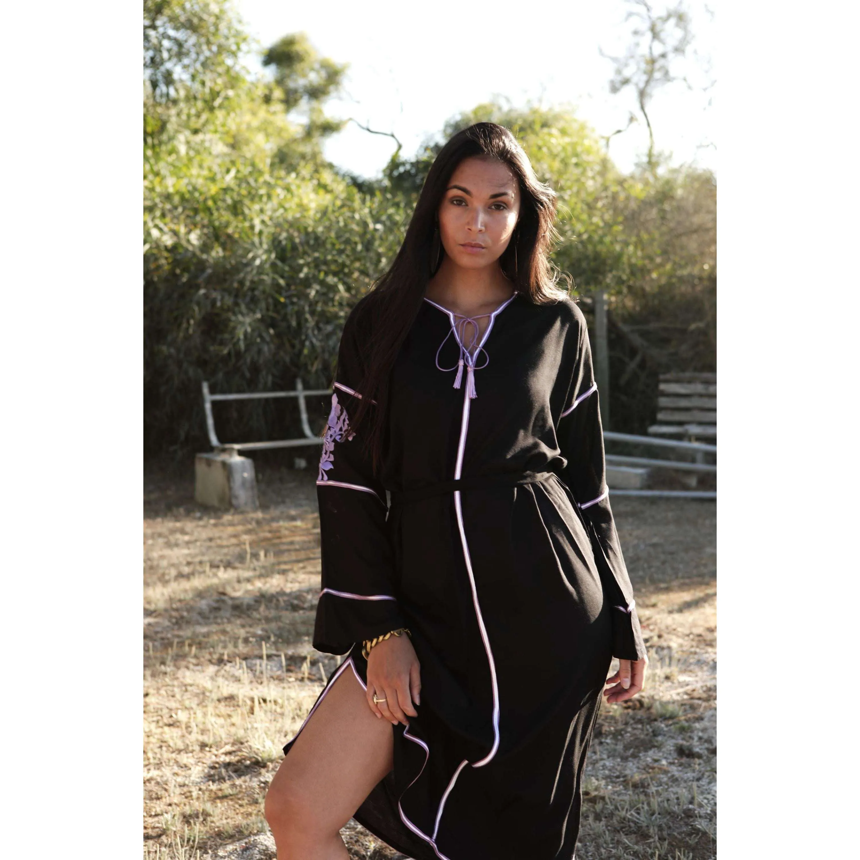 Adriana Black Moroccan Cotton Embroidery Kaftan Caftan