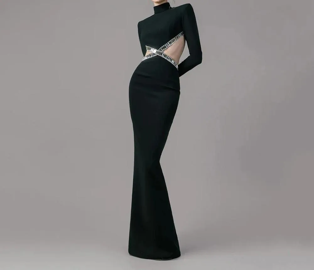 ALLEGRIA High Neck Long sleeve Maxi Bandage Dress