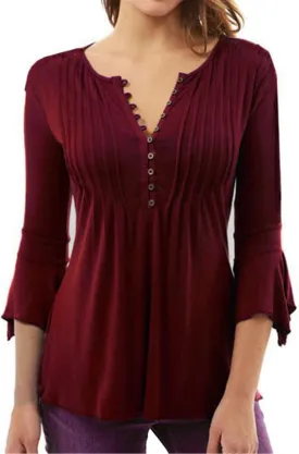 Andongnywell Women's Tunic Top Loose Long Sleeve V Neck Button Up Pleated Shirts Blouse T Shirt Tops