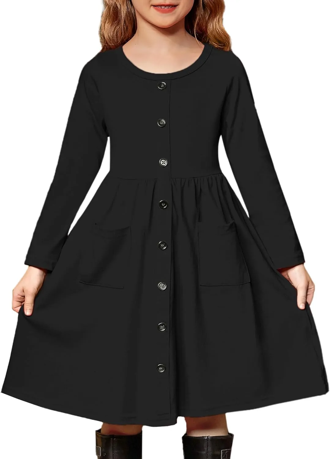 Arshiner Girl's Dresses Button Down Midi Long Sleeve Casual Sundress A-line Dress with Pockets
