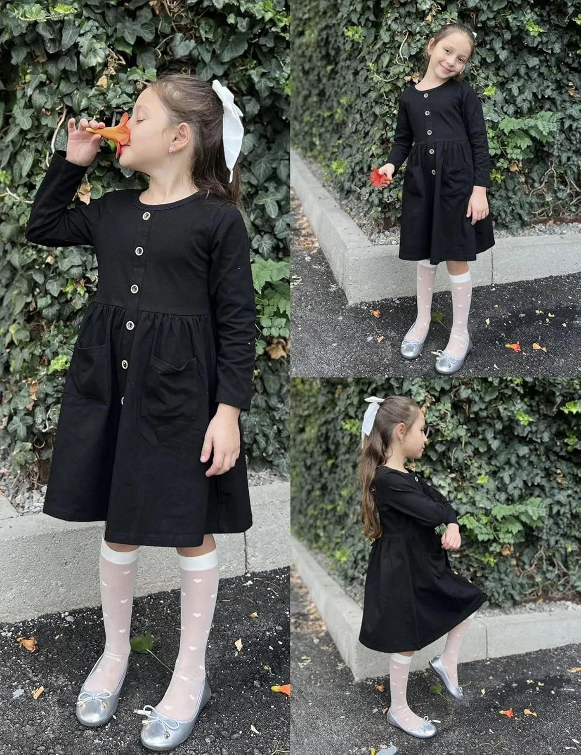 Arshiner Girl's Dresses Button Down Midi Long Sleeve Casual Sundress A-line Dress with Pockets