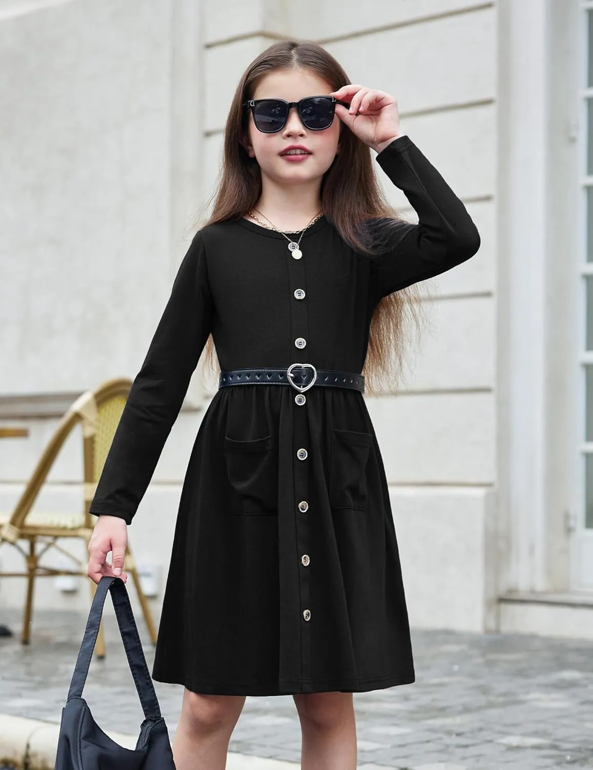 Arshiner Girl's Dresses Button Down Midi Long Sleeve Casual Sundress A-line Dress with Pockets