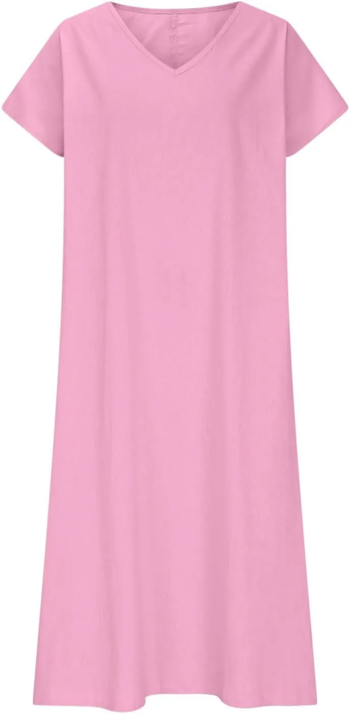 Beach Dresses for Women 2025 Vacation Flowy Short Sleeve V-Neck Summer Cotton Linen Casual Cruise Maxi Sundress