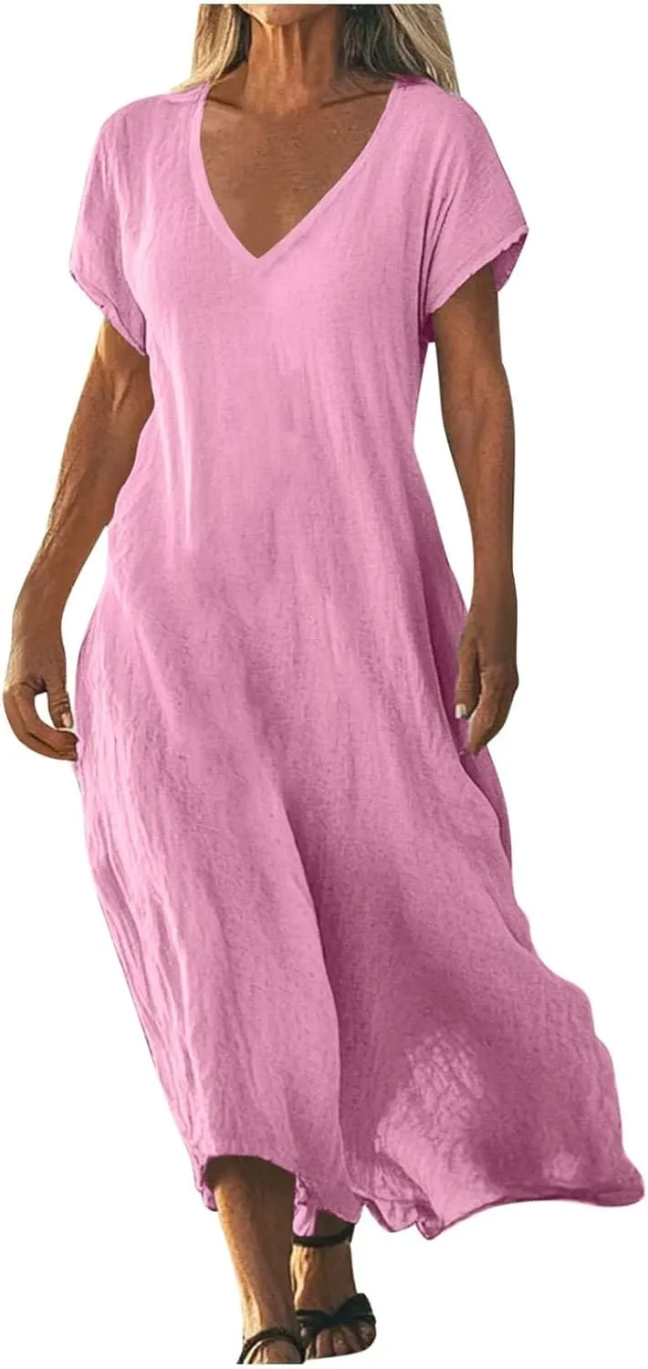 Beach Dresses for Women 2025 Vacation Flowy Short Sleeve V-Neck Summer Cotton Linen Casual Cruise Maxi Sundress