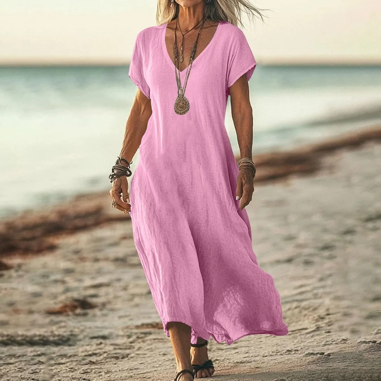 Beach Dresses for Women 2025 Vacation Flowy Short Sleeve V-Neck Summer Cotton Linen Casual Cruise Maxi Sundress