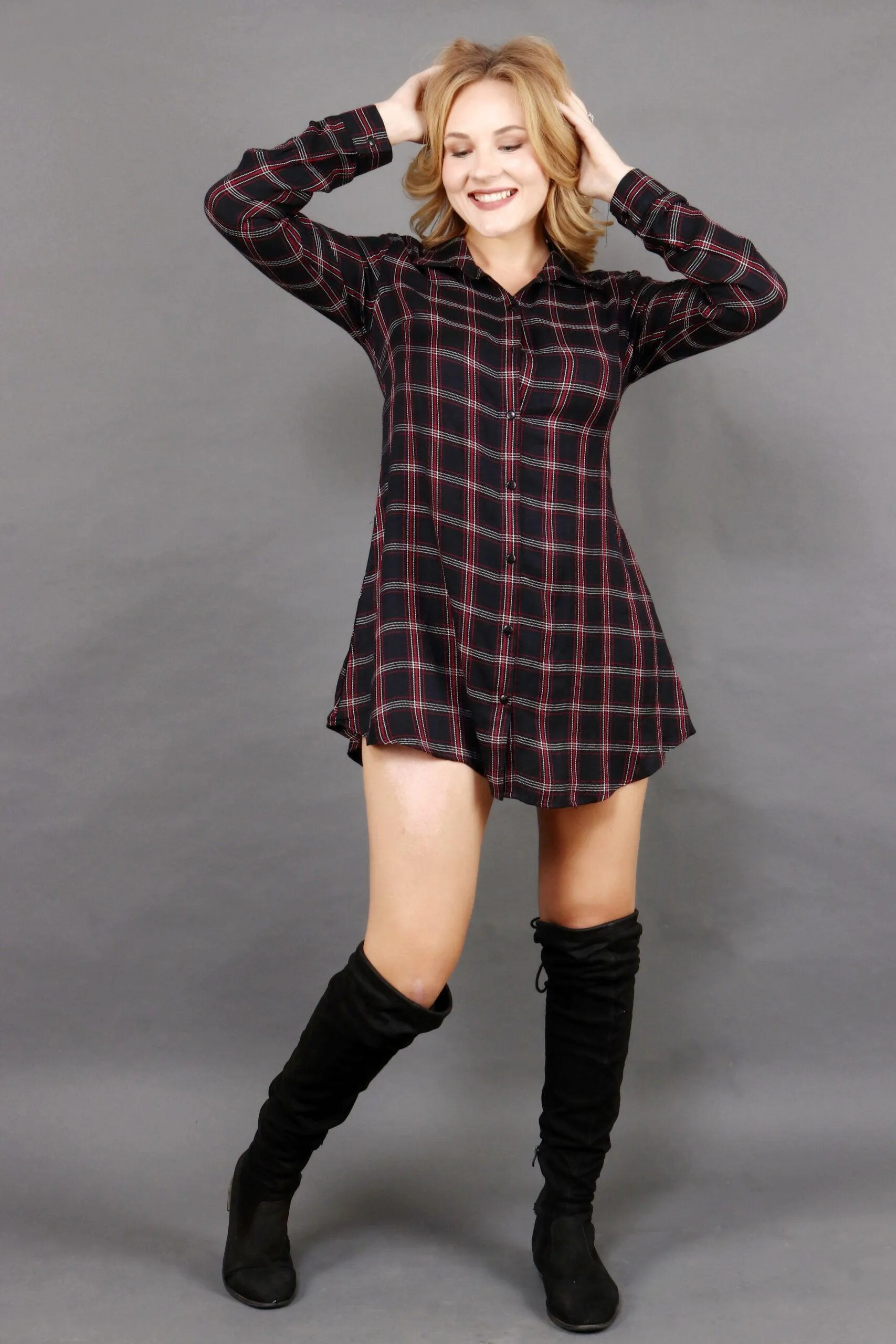 Black & Red Checked Buttoned Dress