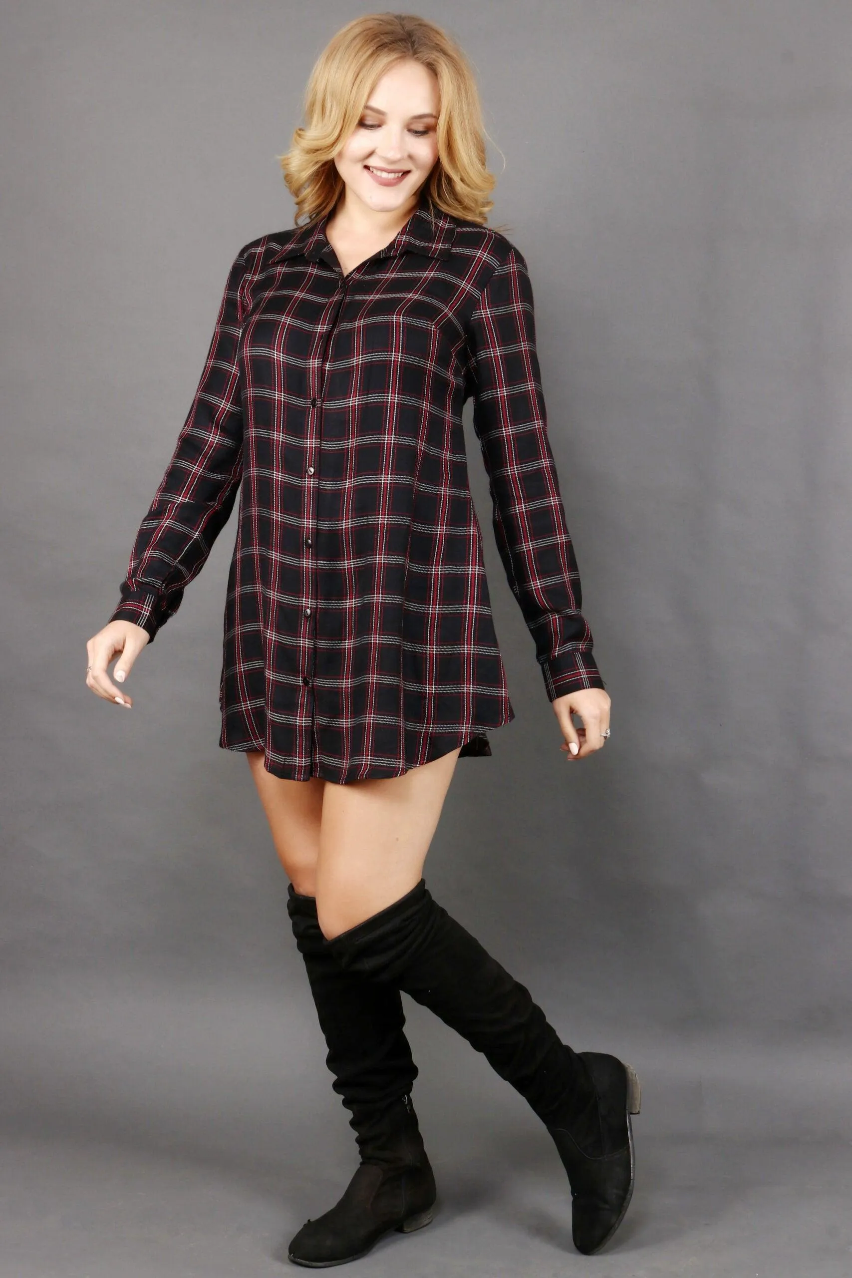 Black & Red Checked Buttoned Dress