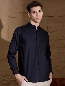 Black Mandarin Collar Cotton Casual Shirt