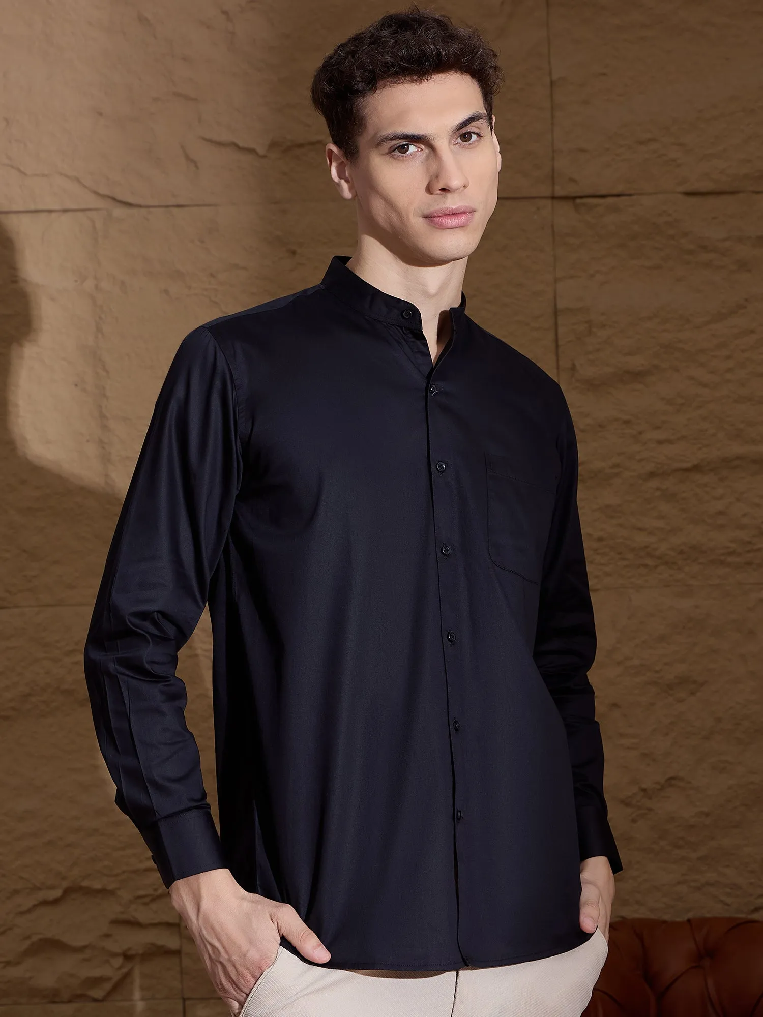 Black Mandarin Collar Cotton Casual Shirt