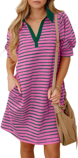 BLENCOT Women's Casual Polo V Neck T Shirt Striped Dress Summer Puff Short Sleeve MIdi Dresses