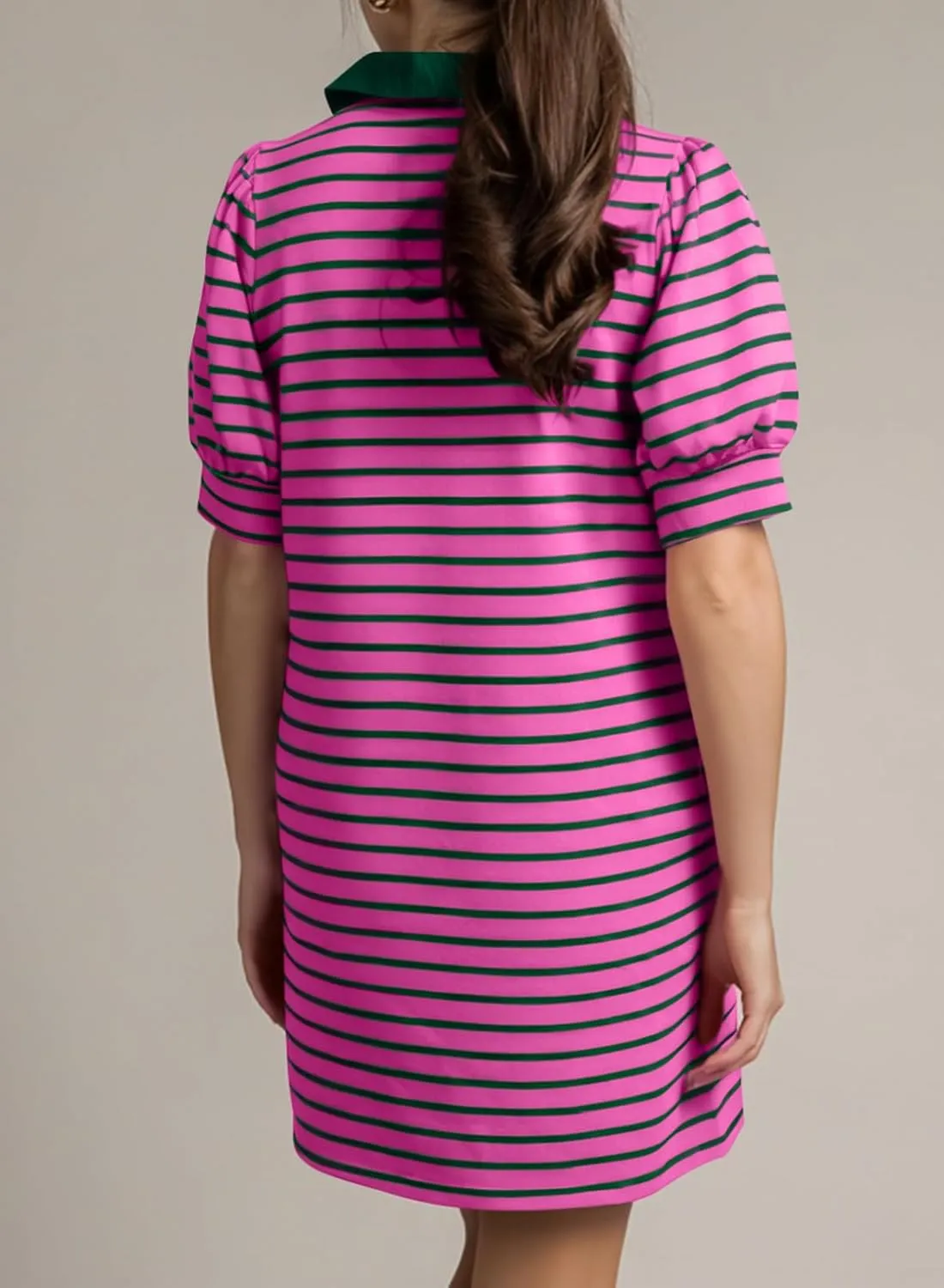 BLENCOT Women's Casual Polo V Neck T Shirt Striped Dress Summer Puff Short Sleeve MIdi Dresses
