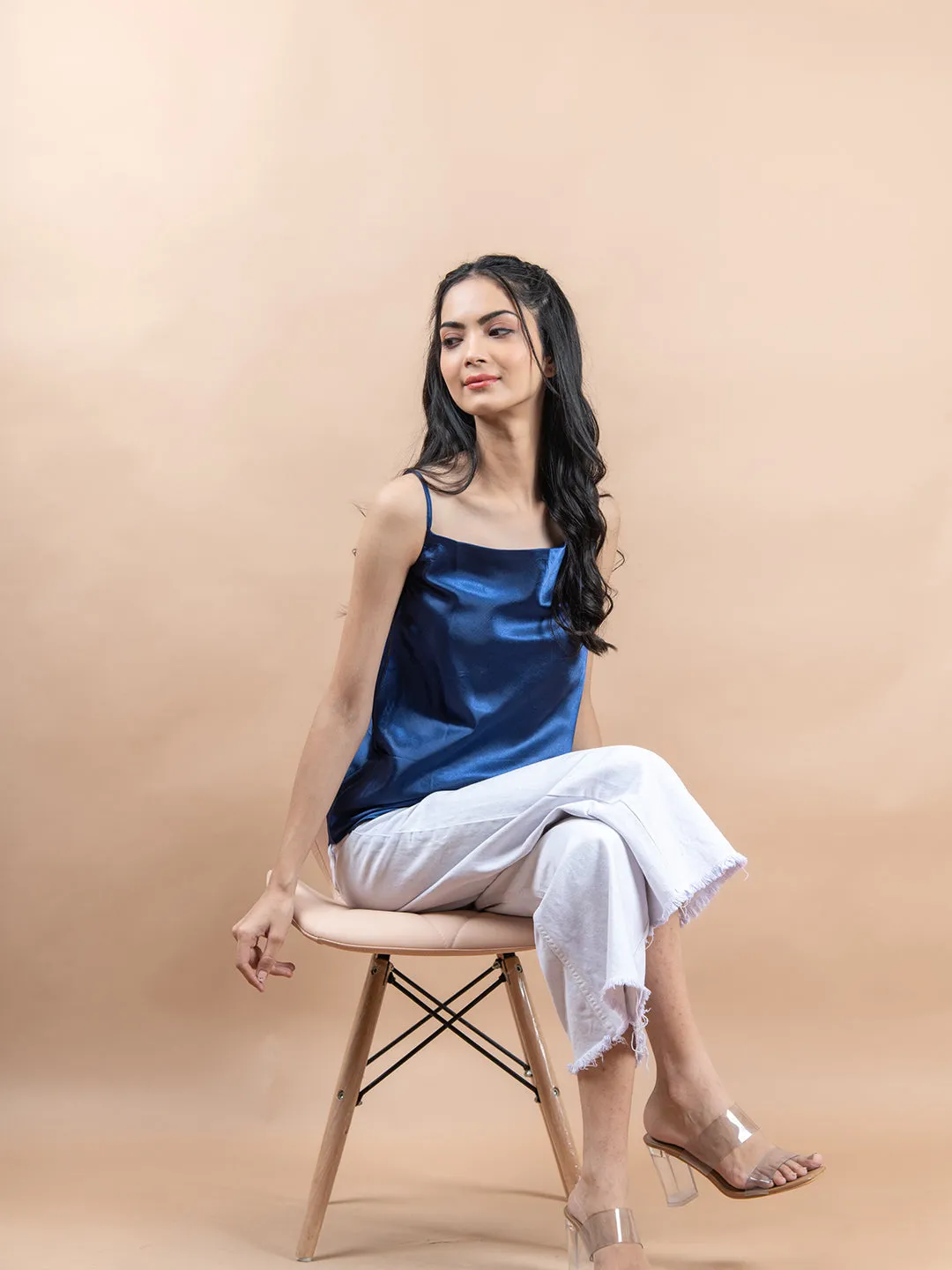 Blue cowl neck cami top