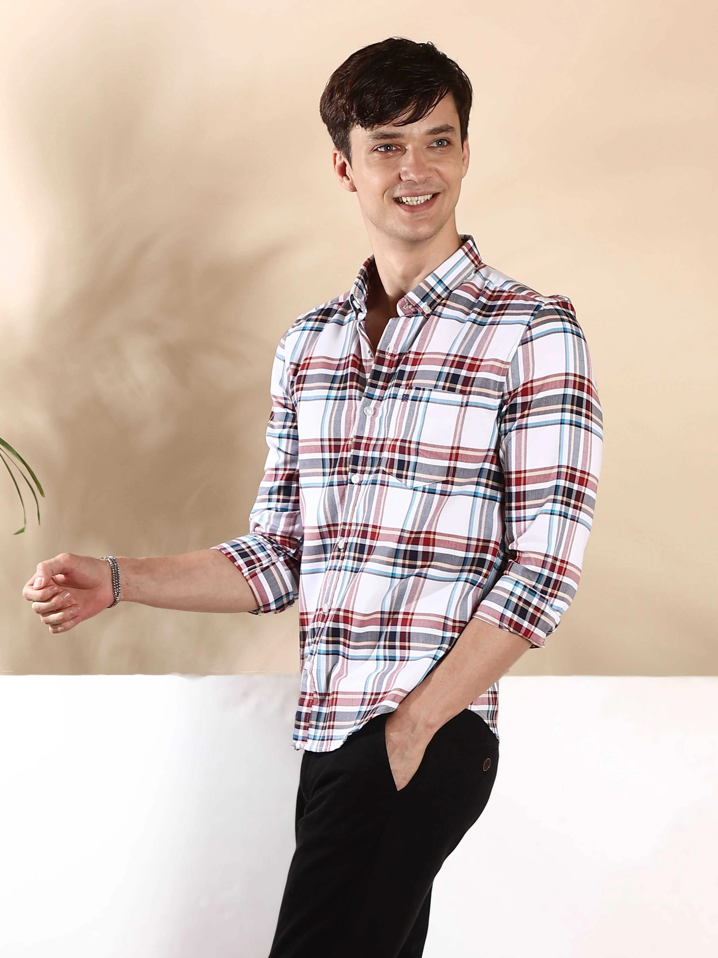 BR White multi color casual check full sleeve shirt