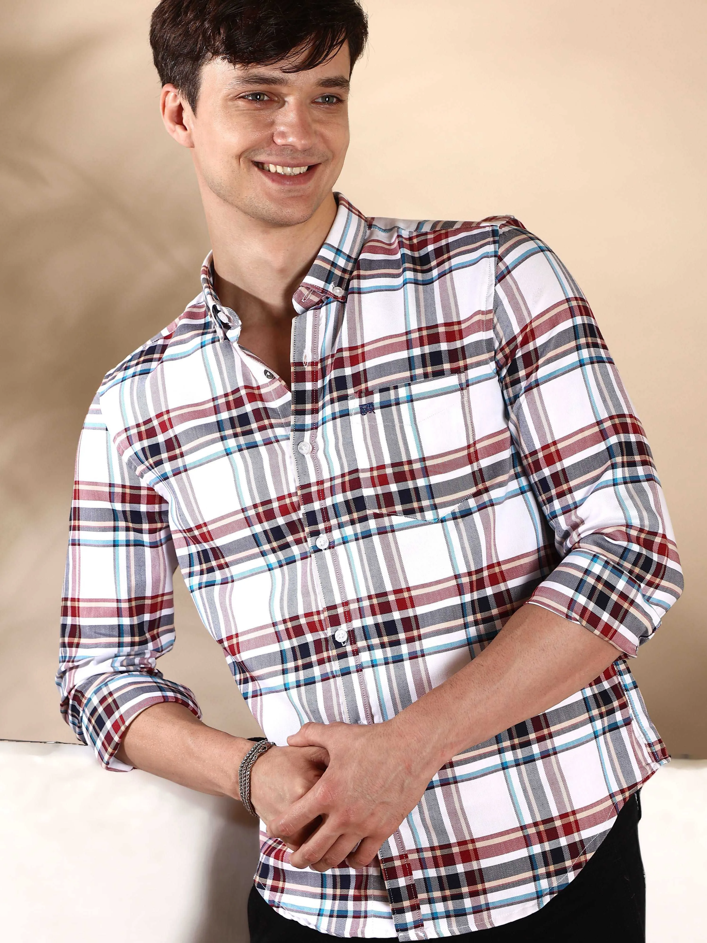BR White multi color casual check full sleeve shirt