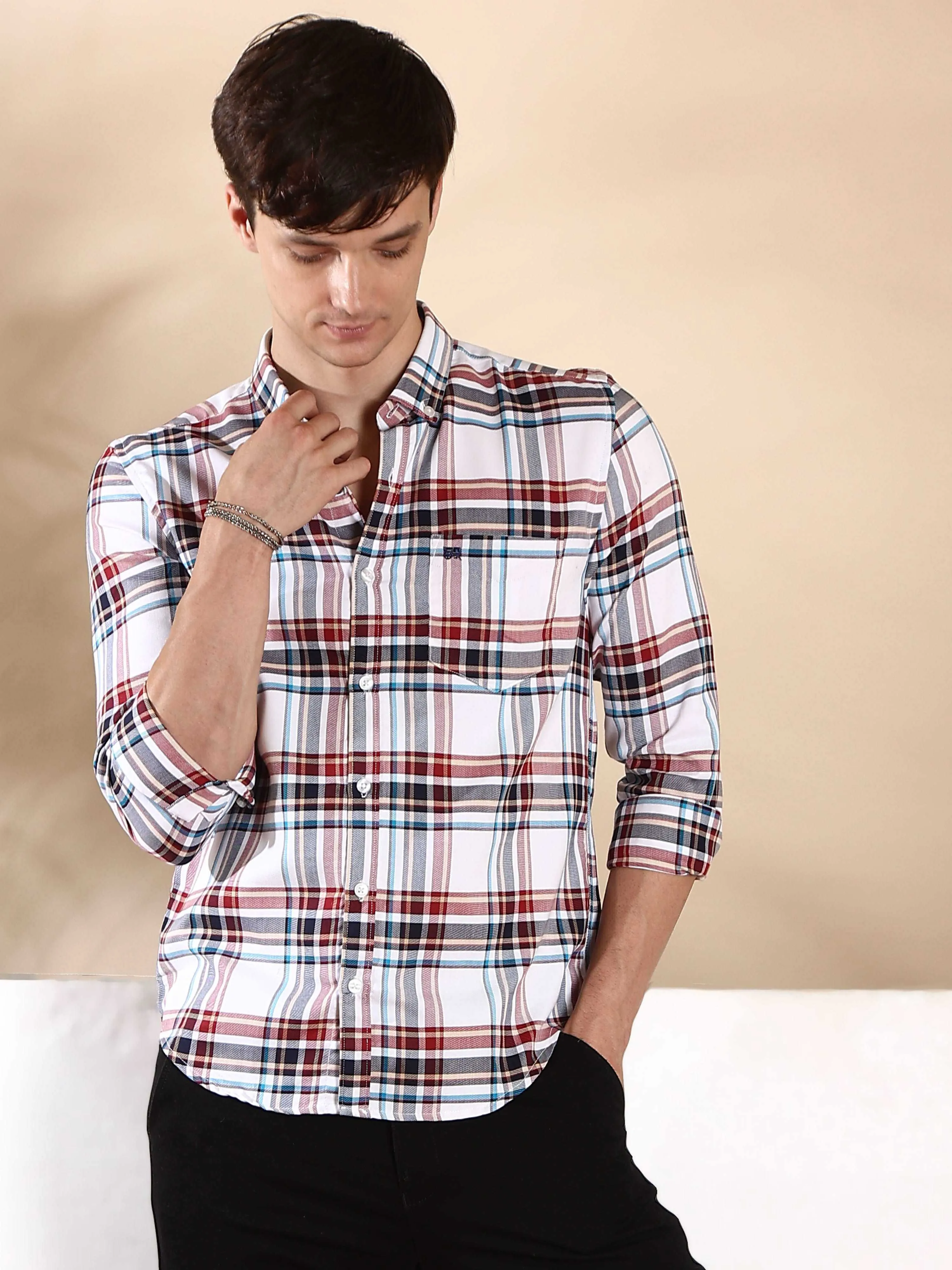 BR White multi color casual check full sleeve shirt