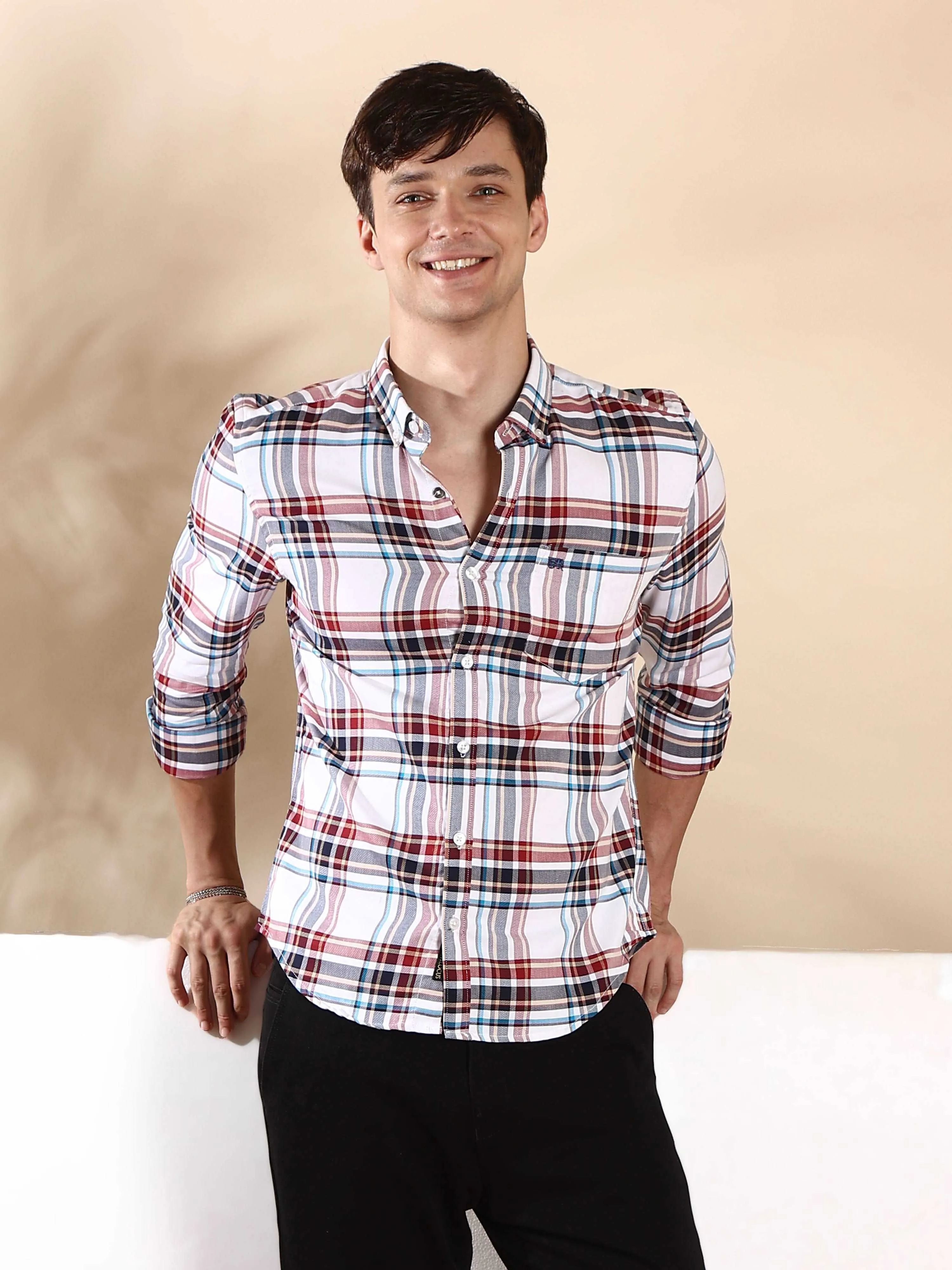 BR White multi color casual check full sleeve shirt