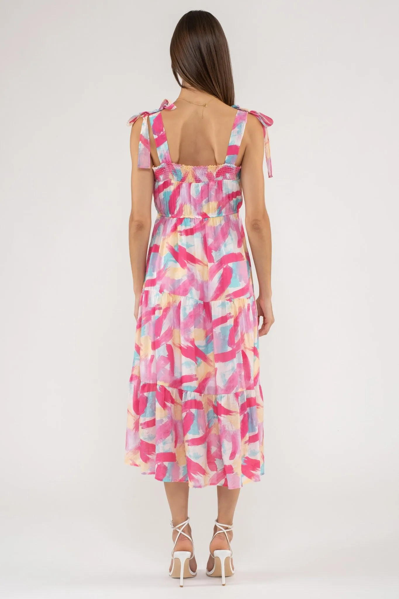 Brush Stroke Print Tiered Midi Dress