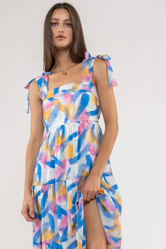 Brush Stroke Print Tiered Midi Dress