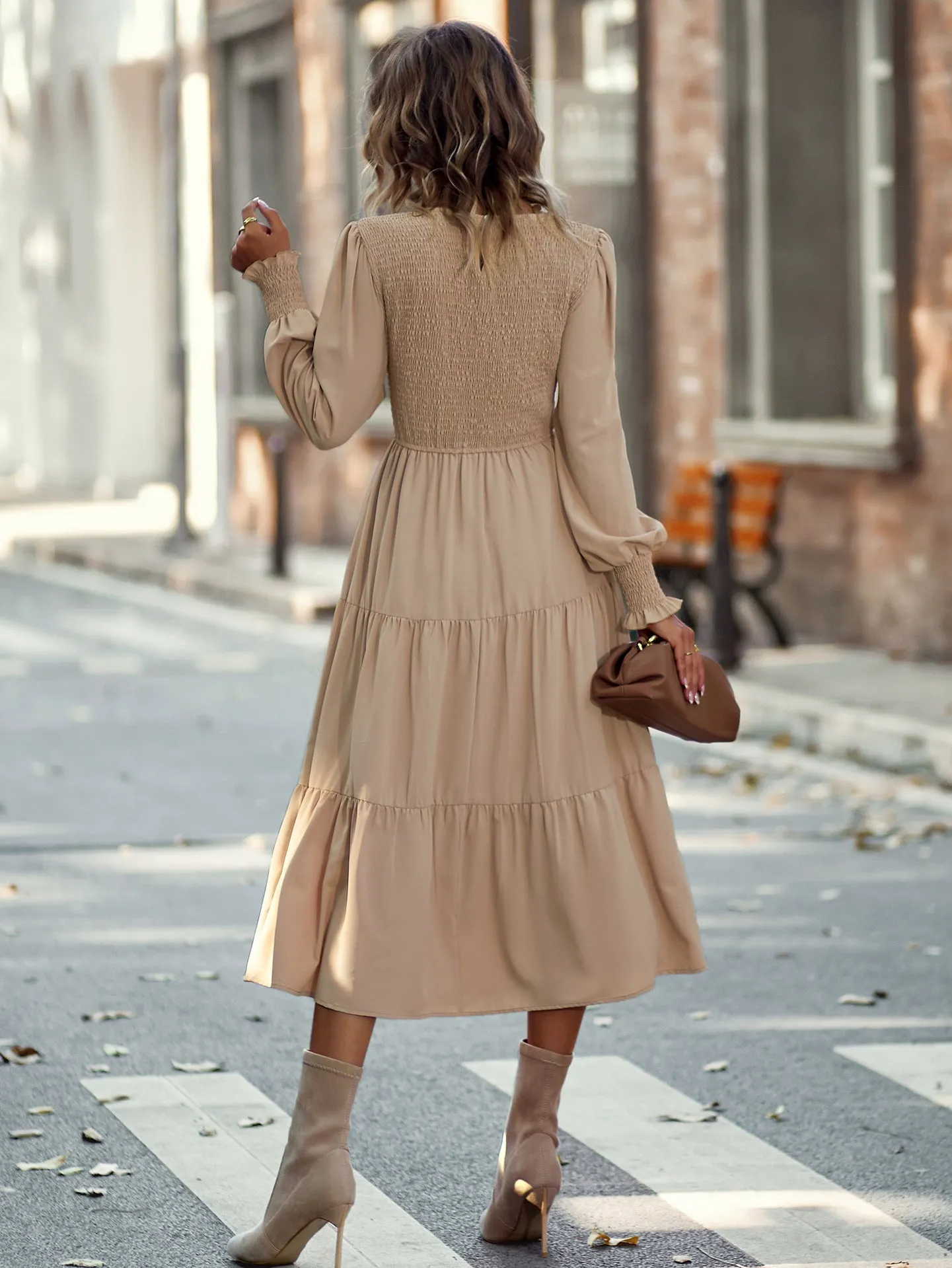 Casual High Waist Swing Dress Solid Color Long Sleeve Midi Wholesale Dresses