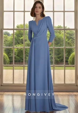 Casual Satin A-Line V-Neck 3/4 Sleeves With Train Mother of the Bride Dress