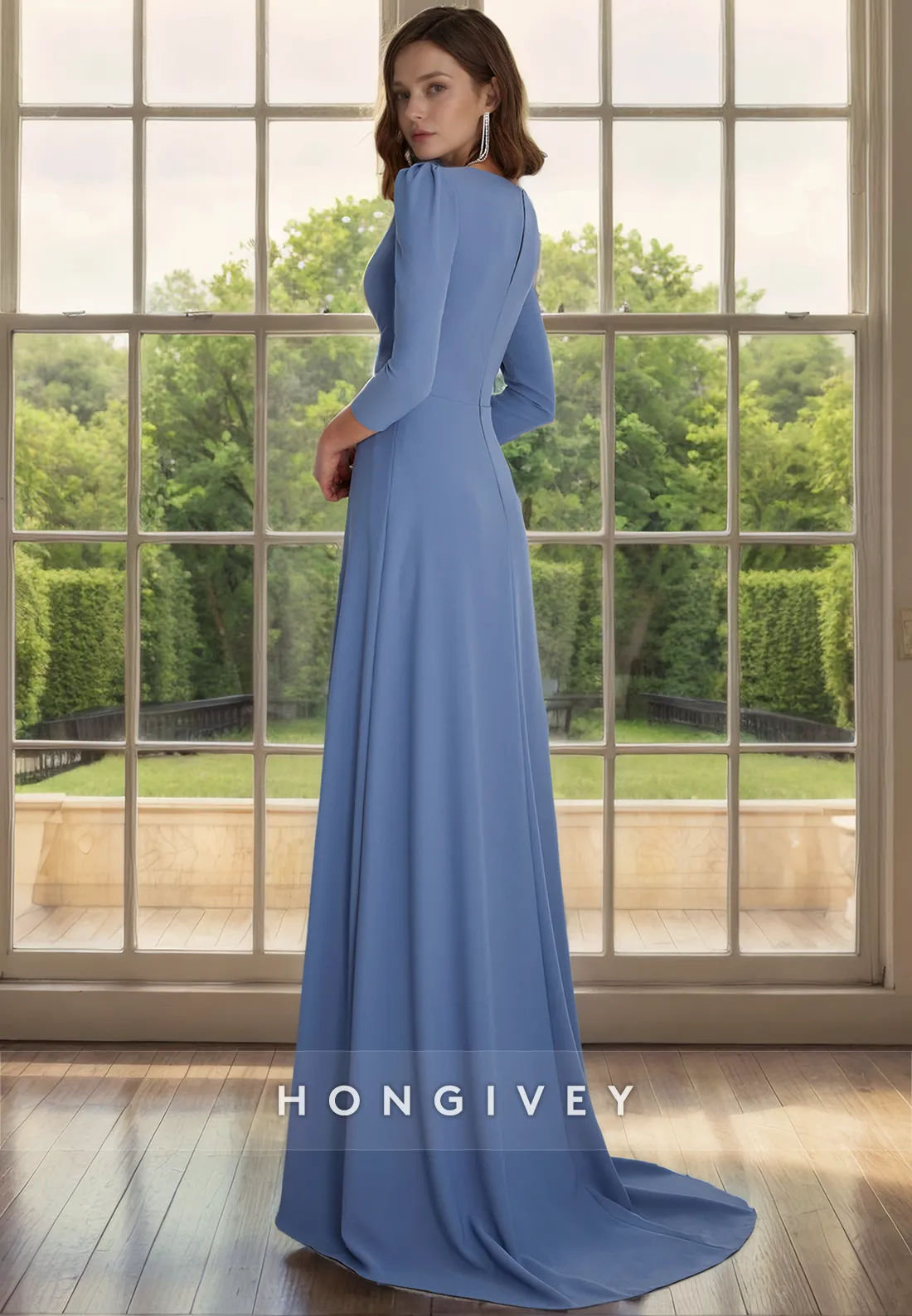 Casual Satin A-Line V-Neck 3/4 Sleeves With Train Mother of the Bride Dress