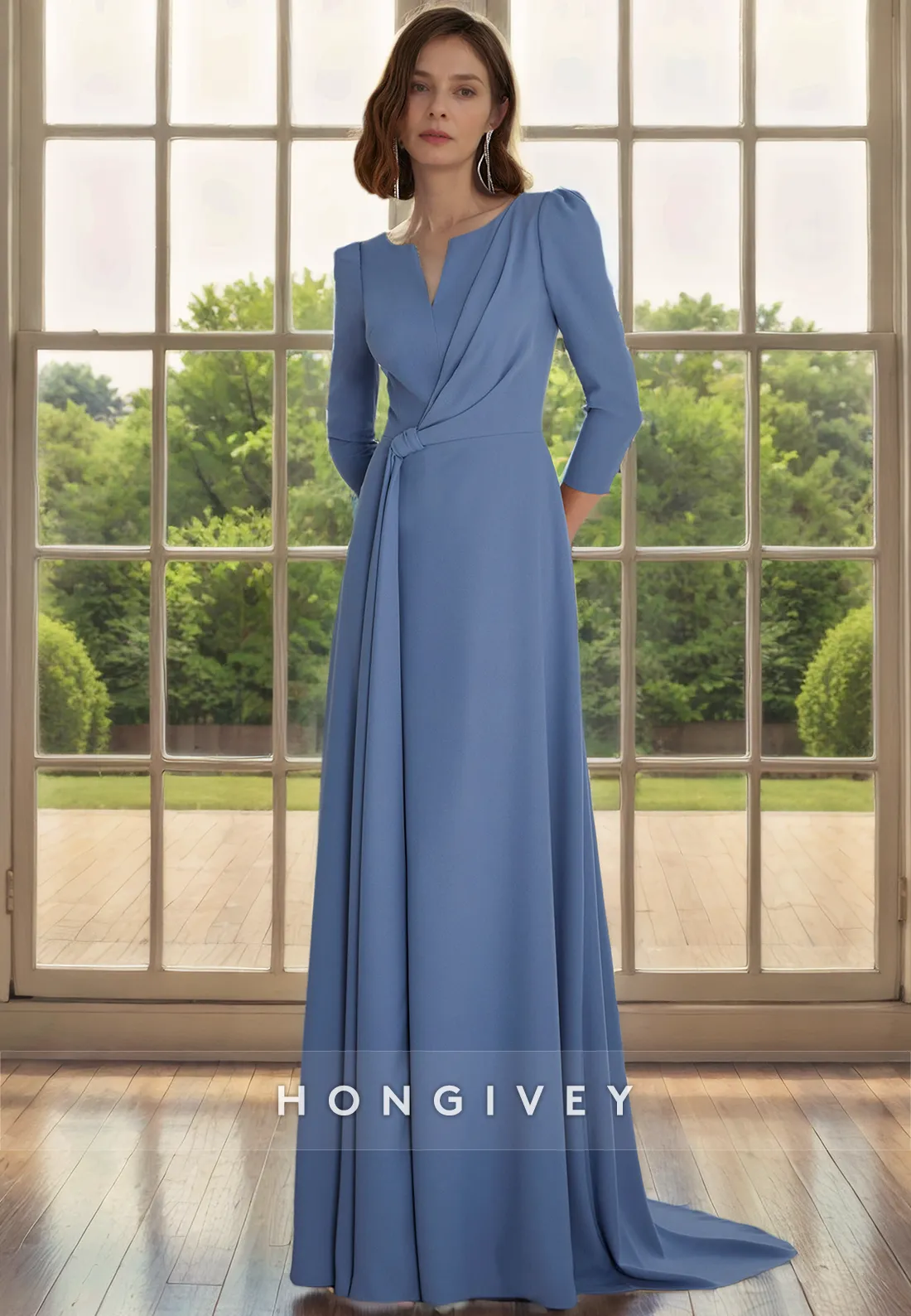 Casual Satin A-Line V-Neck 3/4 Sleeves With Train Mother of the Bride Dress