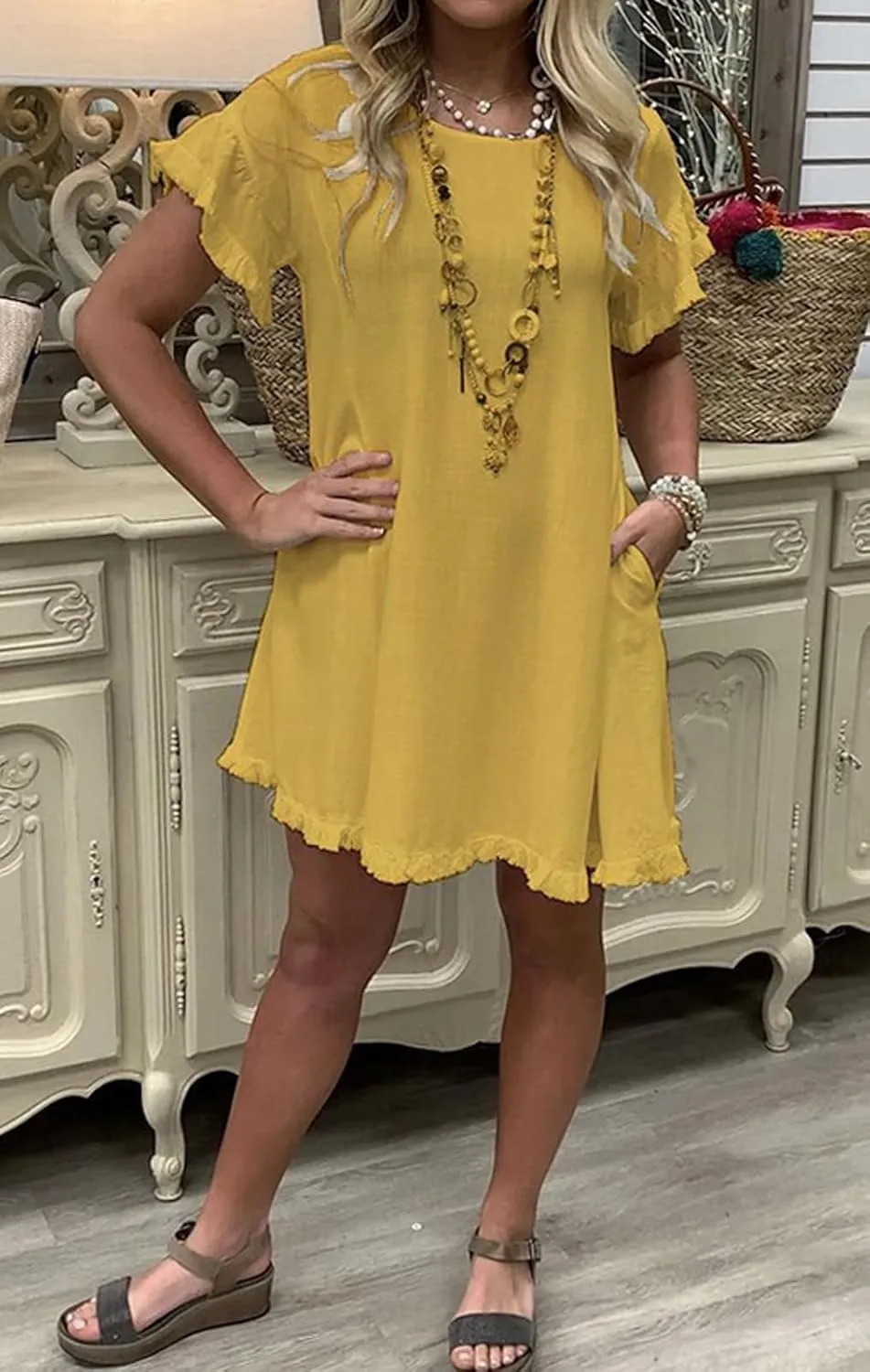 CHARTOU Women Loose Linen Mini Dress Summer Modest Frayed T Shirt Dress Flowy Ruffle Short Sleeve Shift Dress Pocket