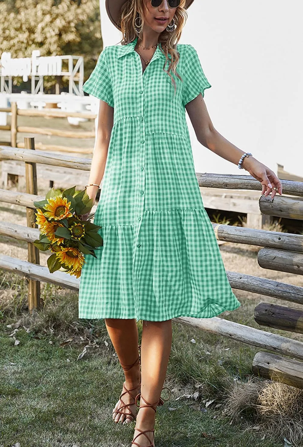 chouyatou Women's Summer Flutter Sleeve Midi Long Gingham Dress Plaid Button Down Shirt Dress