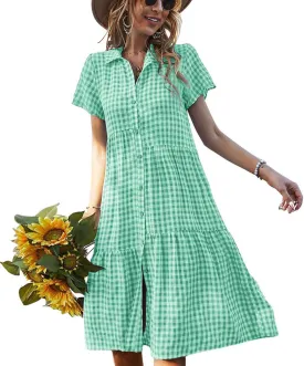 chouyatou Women's Summer Flutter Sleeve Midi Long Gingham Dress Plaid Button Down Shirt Dress