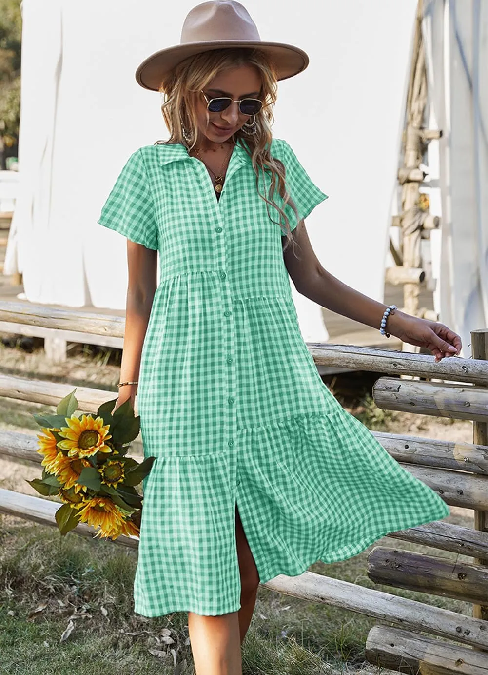 chouyatou Women's Summer Flutter Sleeve Midi Long Gingham Dress Plaid Button Down Shirt Dress