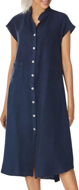 Cotton Linen Dresses for Women Casual Loose Button Down Shirt Dress Solid Color Cap Sleeve Midi Dress with Pocket