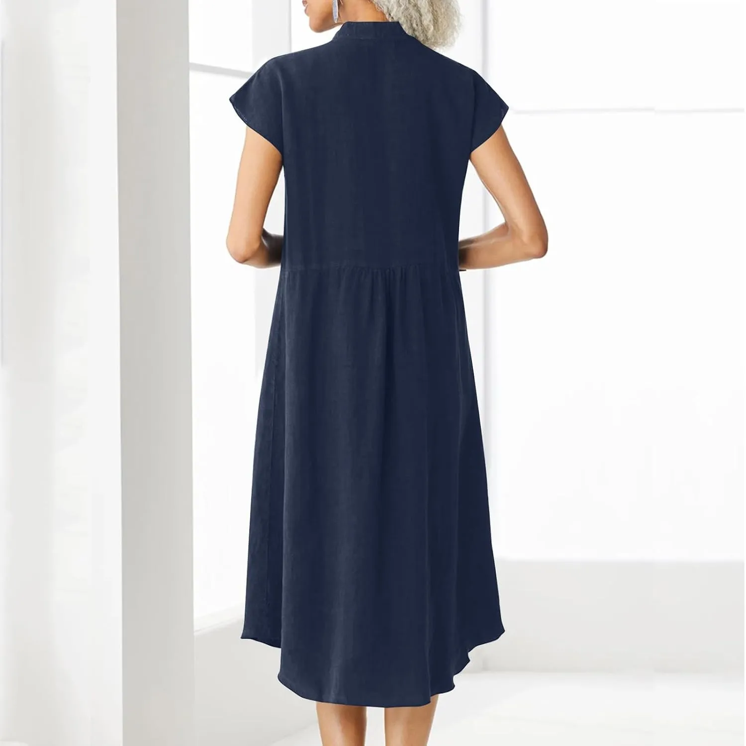 Cotton Linen Dresses for Women Casual Loose Button Down Shirt Dress Solid Color Cap Sleeve Midi Dress with Pocket