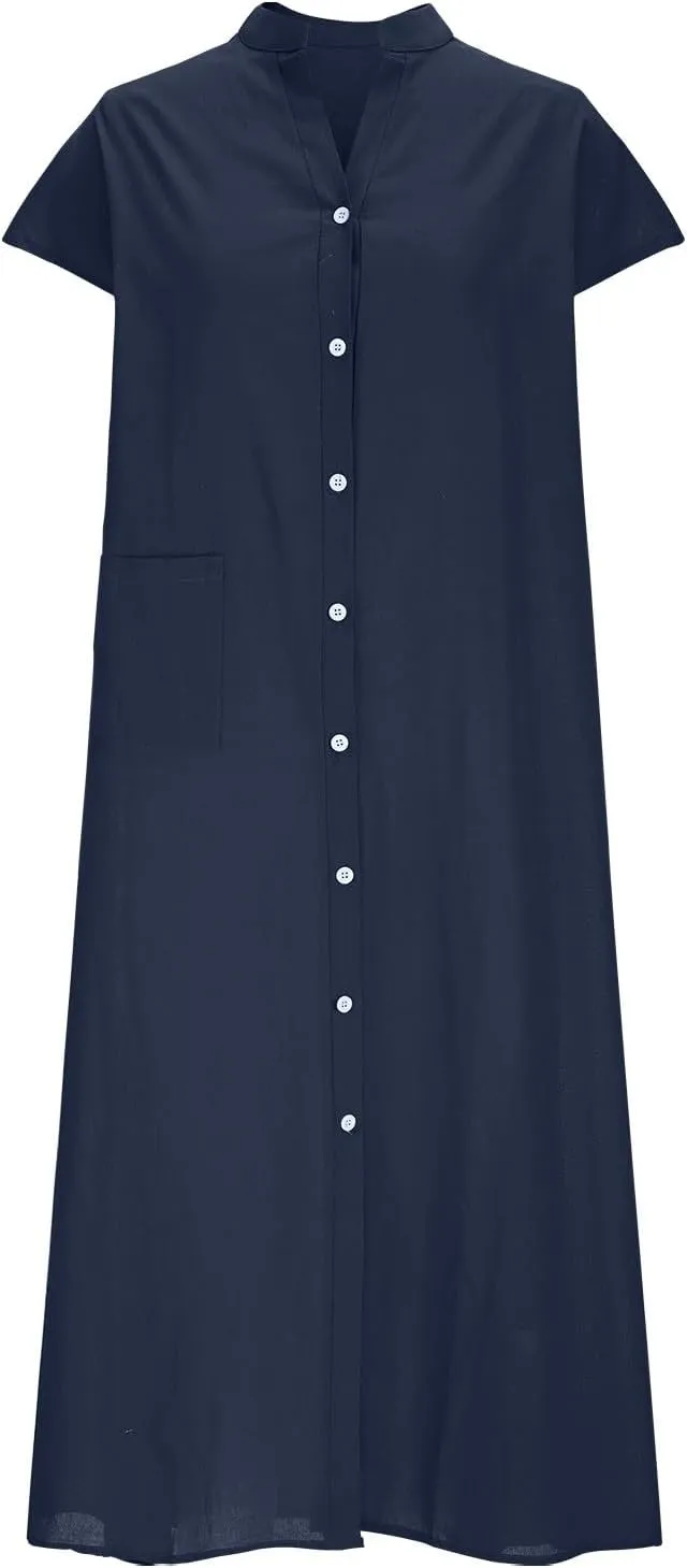 Cotton Linen Dresses for Women Casual Loose Button Down Shirt Dress Solid Color Cap Sleeve Midi Dress with Pocket