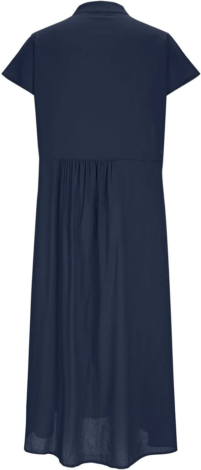 Cotton Linen Dresses for Women Casual Loose Button Down Shirt Dress Solid Color Cap Sleeve Midi Dress with Pocket