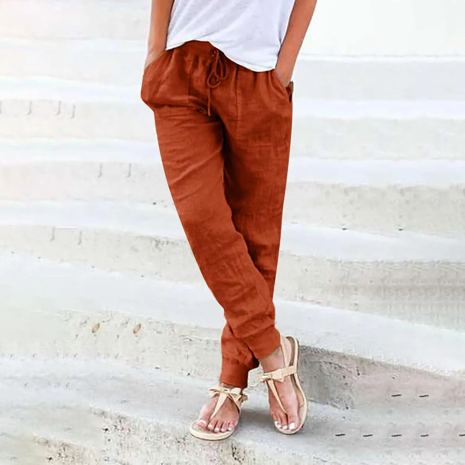 Cotton Linen Pants Women Summer Elastic High Waist Casual Yoga Pants Comfy Lightweight Tapered Joggers with Pockets