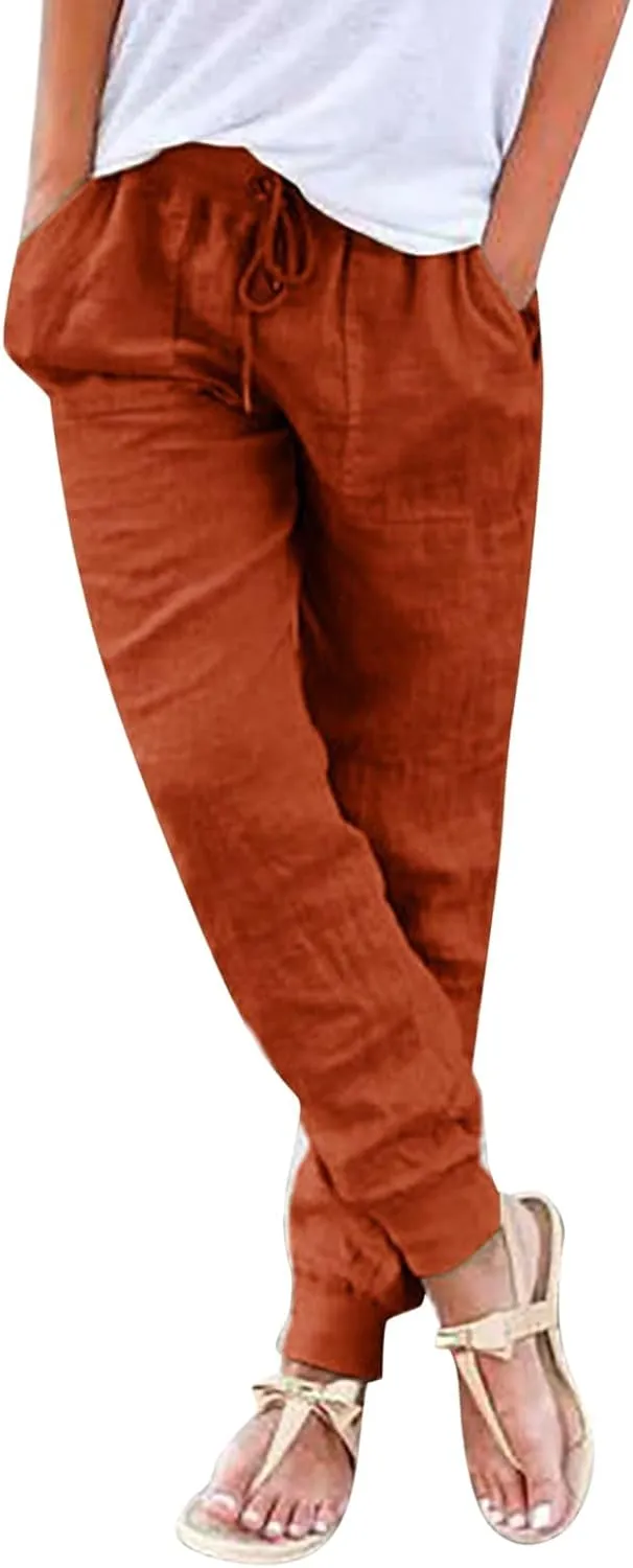 Cotton Linen Pants Women Summer Elastic High Waist Casual Yoga Pants Comfy Lightweight Tapered Joggers with Pockets